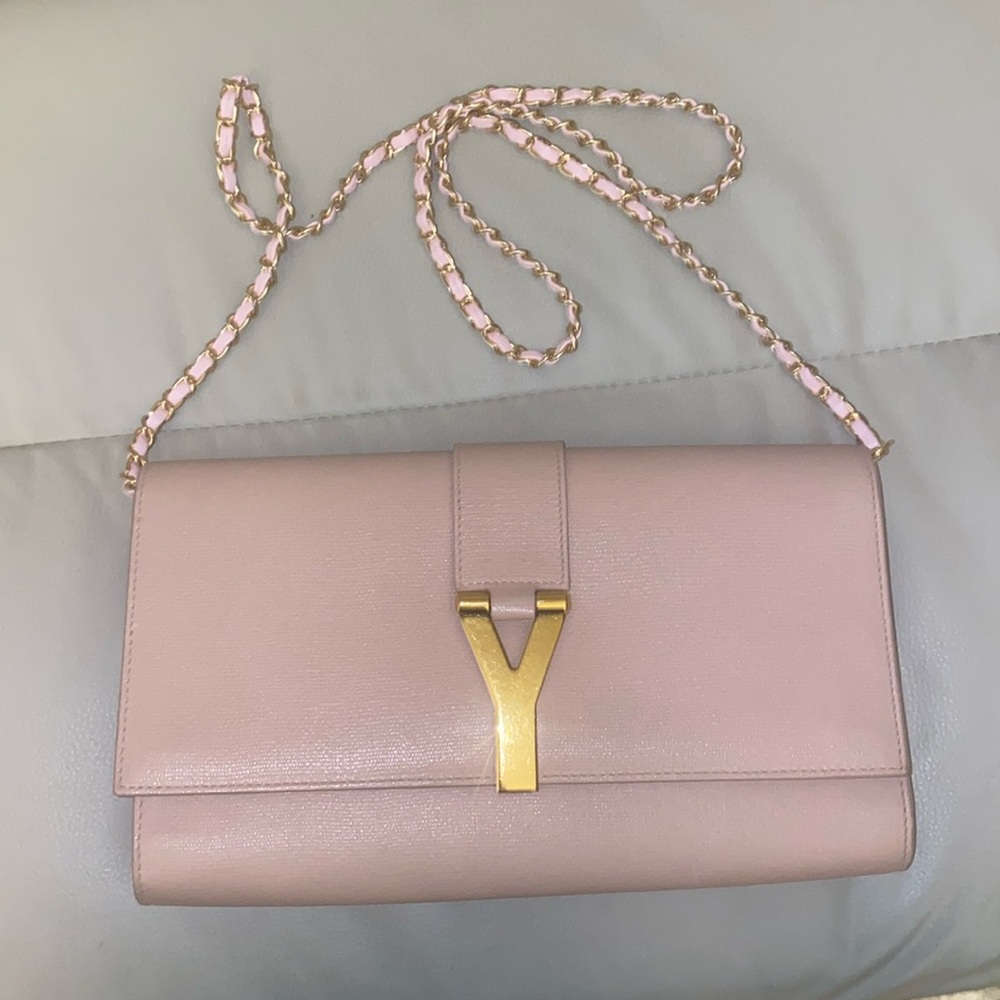 Yves Saint Laurent Chyc Ligne Y Blush Pink Textured Calfskin Leather Clutch YSL